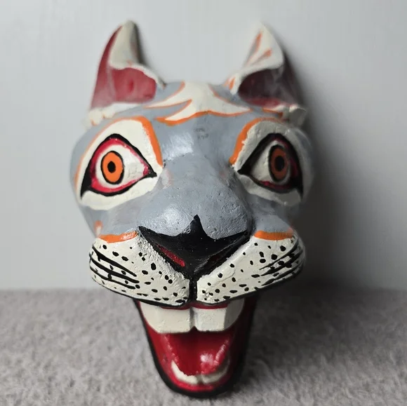 HandcraftedWood Cat Mask Wall Decor - Gray and Black